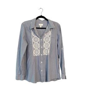Charter Club Striped Blouse Blue Women's PXL Embroidered Button Up Shirt